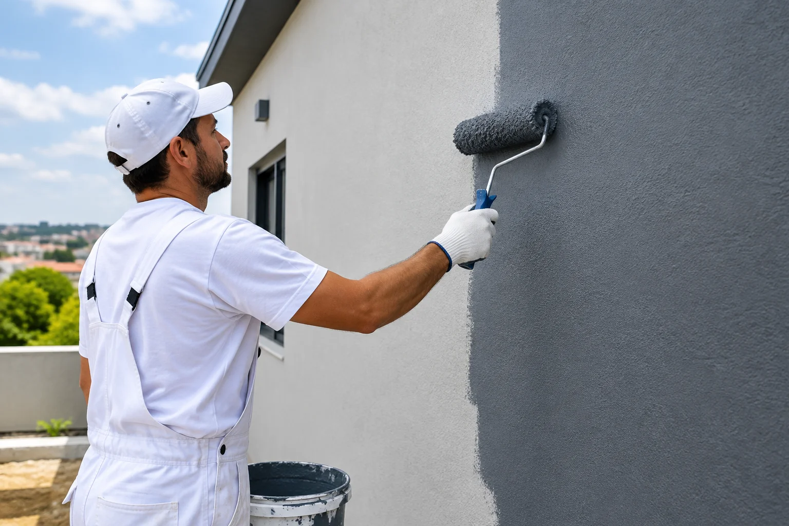 Pintor profissional aplicando tinta emborrachada em uma parede externa de alvenaria com rolo de pintura