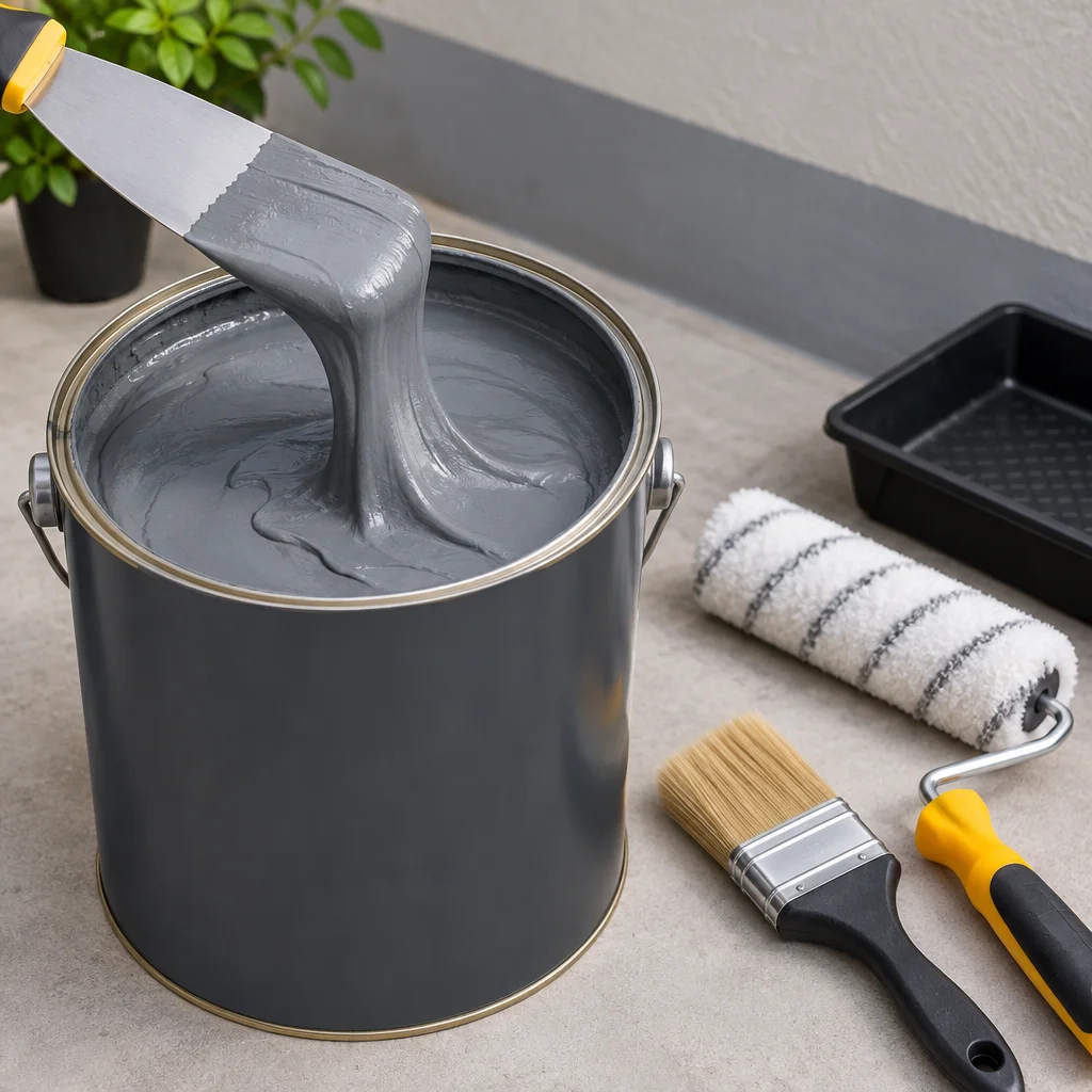 Lata de impermeabilizante aberta mostrando a textura flexível do produto ao lado de espátula e ferramentas de pintura